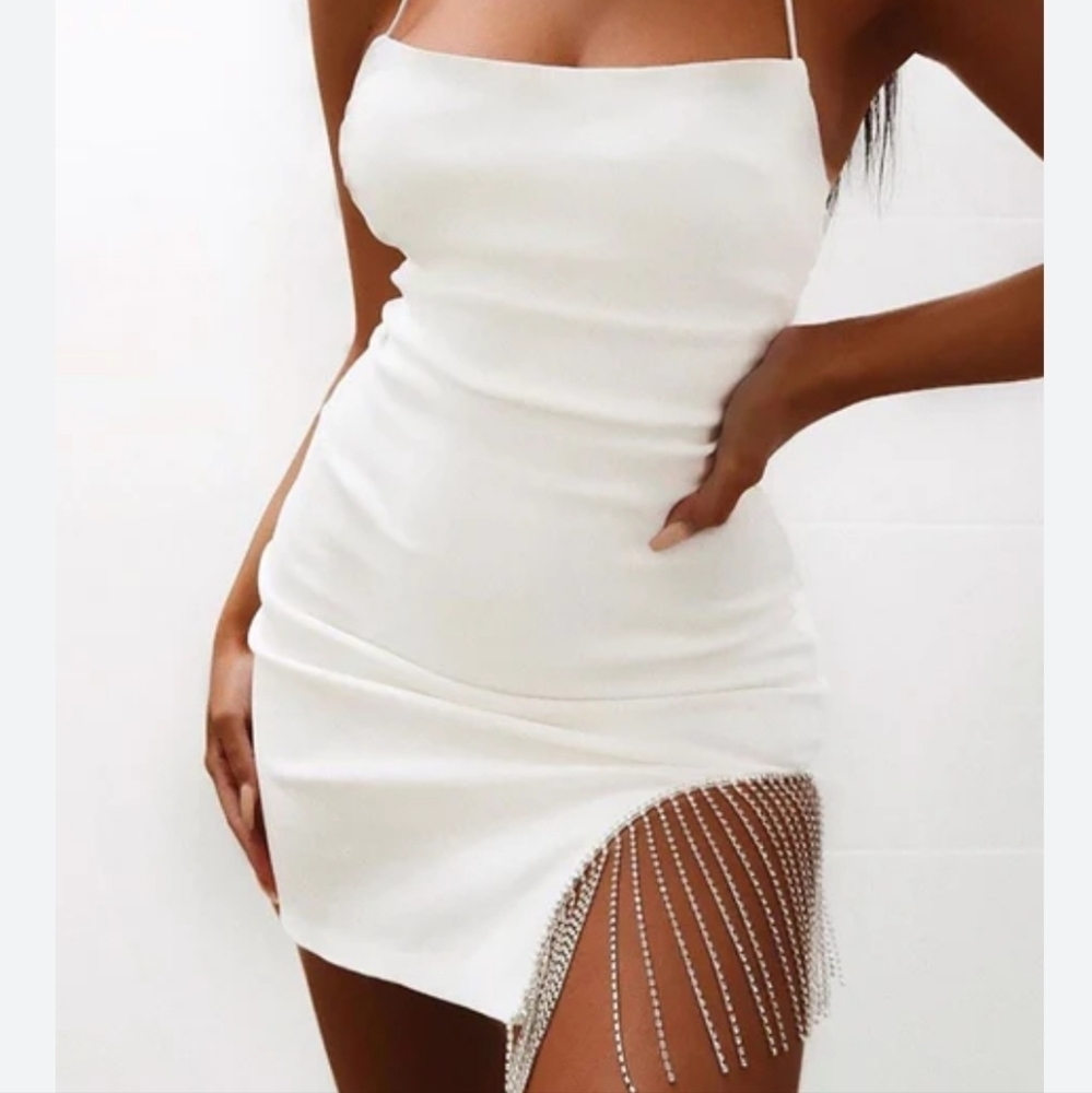White Silky Mini Event Dress with Silver Fringe Spaghetti Straps Back Zip Size S